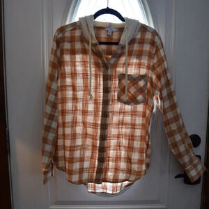 TIME & TRU Women's Button Down Hooded Drawstring Flannel Shirt Size M 8-10